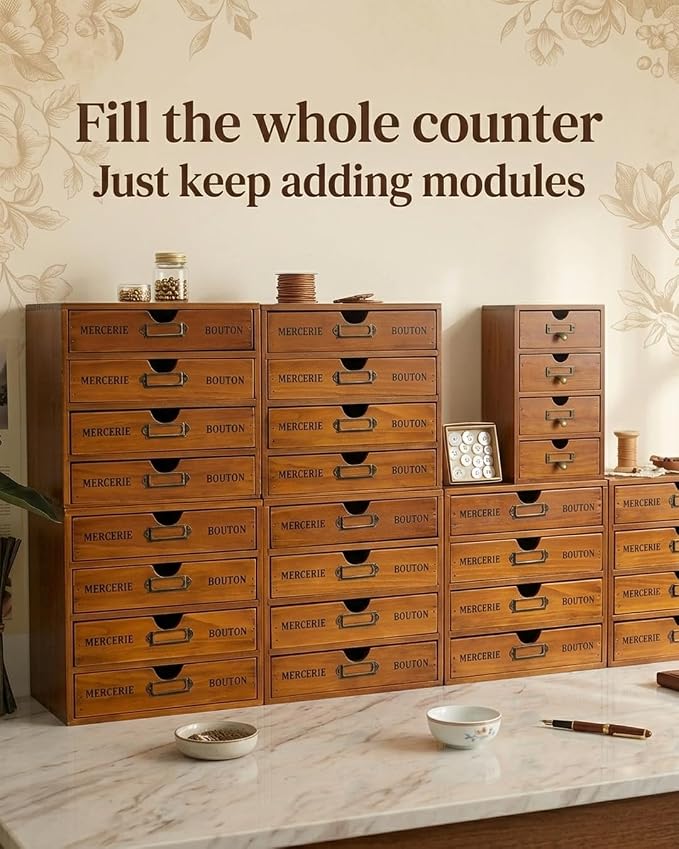 Stackable Apothecary Cabinet, 16 Drawer Wooden Storage I Vintage Card Catalog Style Organizer for Coins, Trading Cards, Crafts & DMC Floss I Multi Drawer Modular Wood Desk Cabinet w/Label Holders - Image 9