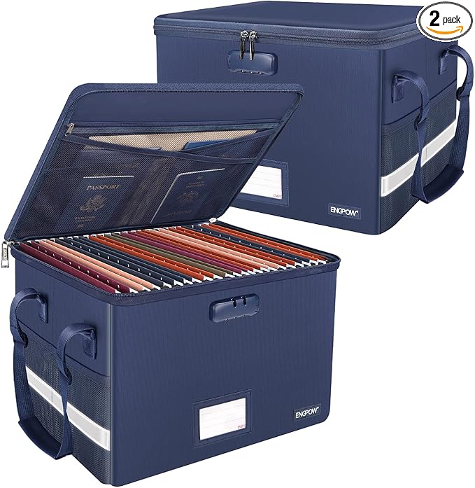 ENGPOW File Box with Lock, Fireproof Document Box with Pockets, Collapsible File Organizer Filing Storage Cabinet with Handle, Portable Home Office Safe for Hanging Letter/Legal Folders, Blue, 2 Pack by ENGPOW