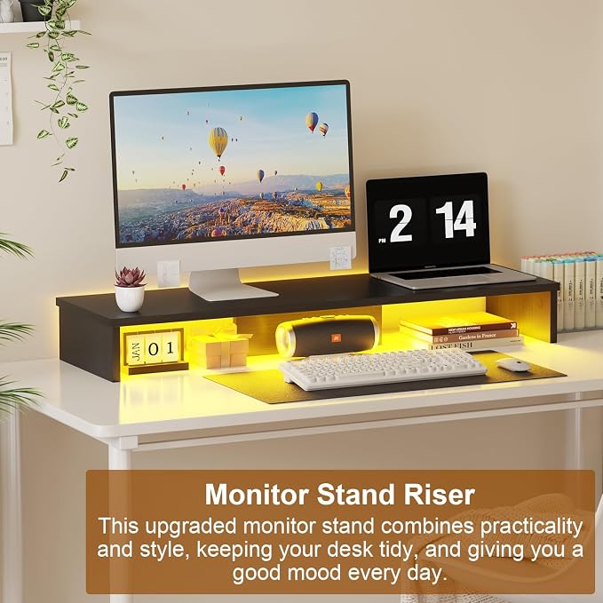 Qupui Dual Monitor Stand Riser for Desk with LED Lights, Large Computer Monitor Stand for 2 Monitors, Desk Shelf for Top of Desk, Desktop Organizer for Computer, Laptop, Printer, TV - Image 6