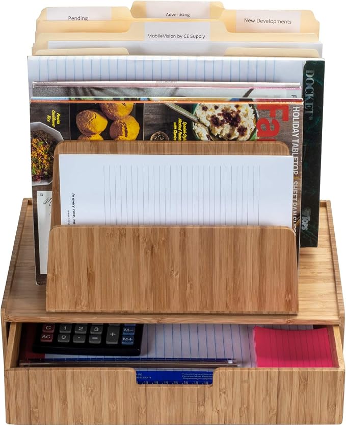 MobileVision Bamboo Desktop 7–Slot File Folder Organizer & Drawer Combo Storage for Office Supplies & Stationary items - Image 2