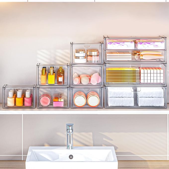 6-Pack Acrylic Stackable Storage Drawers for Vanity, Desk, Bath | 2 large & wide 13" drawers, Smooth-glide, stackable, clear body, dustproof, wipe clean, for makeup, pantry jars, under sink - Image 6