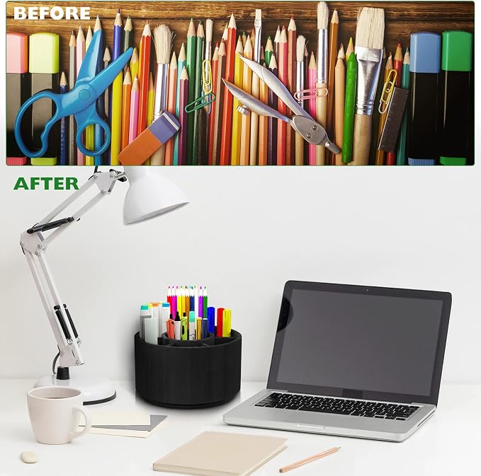 Bamboo Rotating Pencil Holder for Desk, Desk Organizer with 7 Compartments | Office Supplies Desktop Storage Caddy for Colored Pencils, Markers, Crayon, Comestics and Cutlery(Black ) - Image 5
