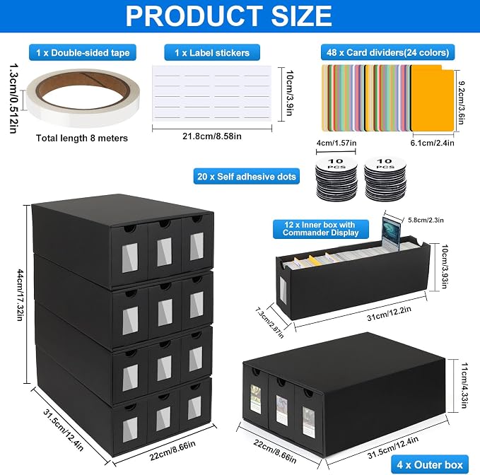 Trading Card Storage Box for 12000+, Card Deck Box for MTG Commander Display, Card Organizer Box with 48 Card Dividers, Labels & Tapes, Compatible with TCG, PTCG, MTG and Sport Cards - Image 2