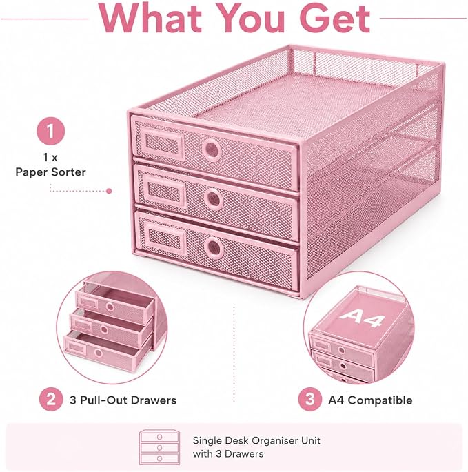 EXERZ Paper Sorter 3 Drawer Wire Mesh A4 / Desk Multifunctional Desk Organiser/Multi-Layer Letter Tray - for Documents, Magazines, Notebooks and Letter - Image 5