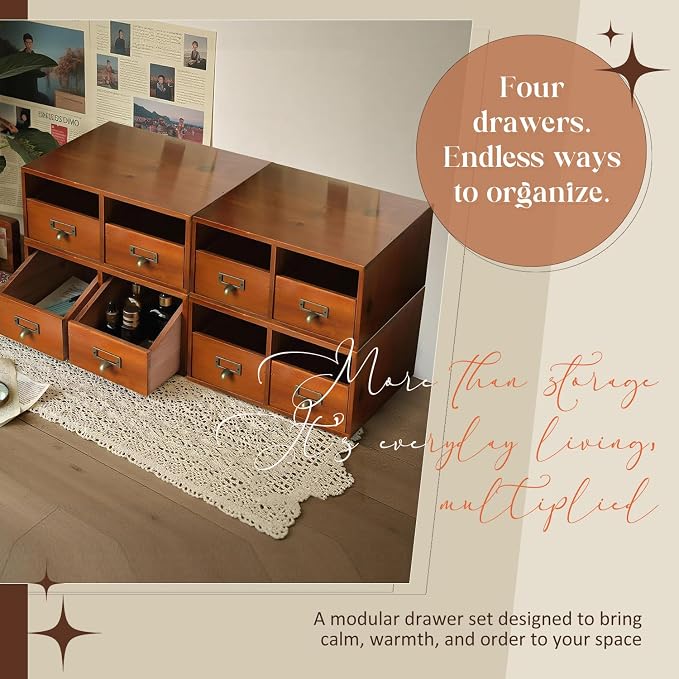 4-Pack Wide Wooden Desktop Drawer Organizer with Brass Label Holders - Horizontal Storage for Long Desks, Counters, Shelves, Stackable Card Catalog - Solid Wood Small Item Organizer for Office & Home - Image 6