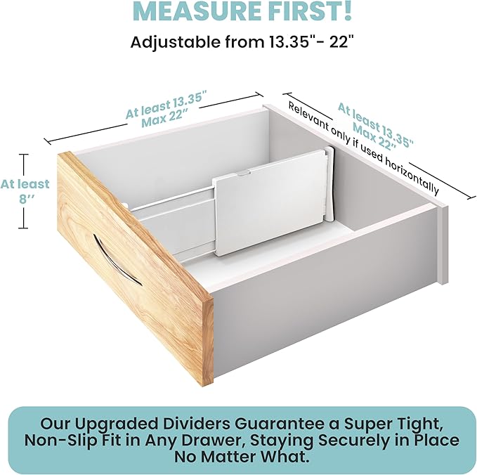 RAPTUROUS Adjustable Drawer Dividers, 8" Tall, Expandable 13.35-22", 6-Pack, Non-Slip for Deep Drawers in Kitchen, Bedroom, and Closet (White) - Image 2