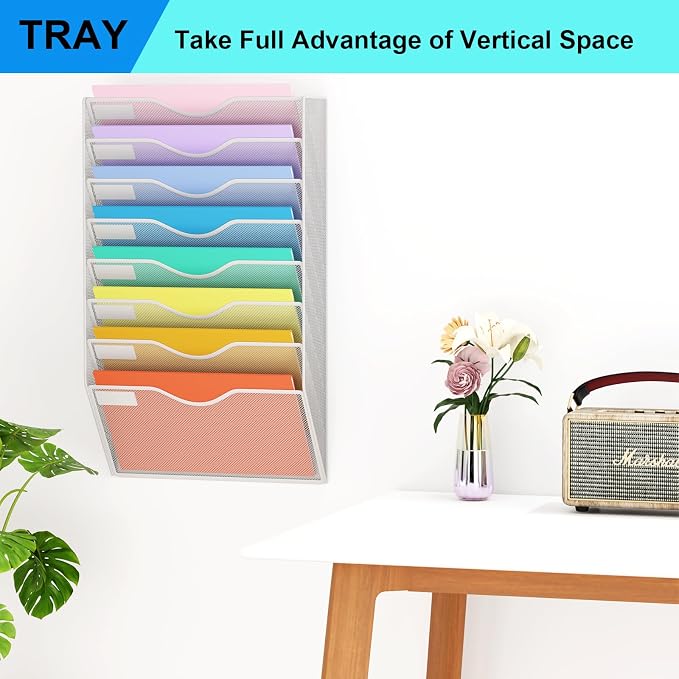 8 Pockets Mesh Hanging Wall File Holder Organizer Wall Mounted Paper Magazine Rack, Silver - Image 7