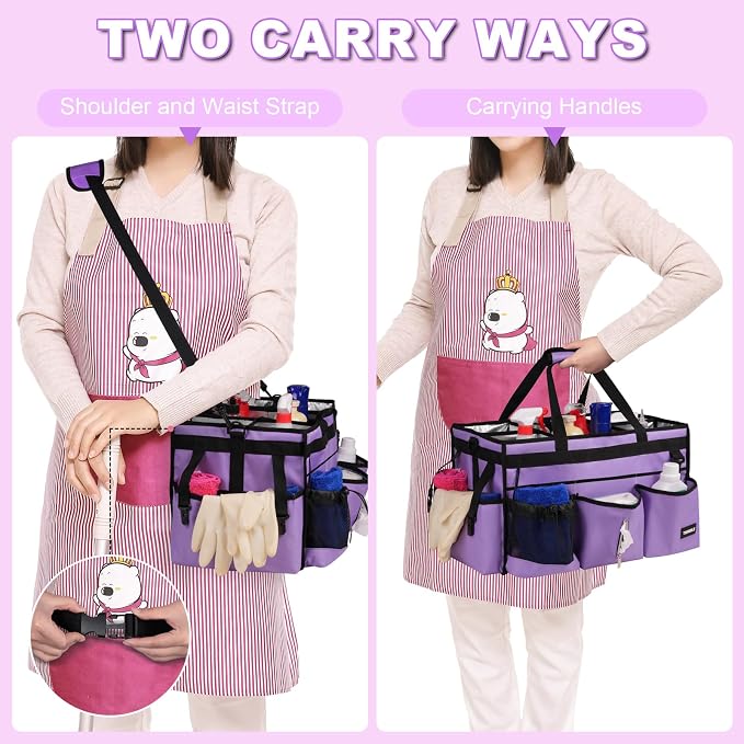Large Cleaning Caddy Bag With Detachable Divider,Caddy Organizer With Handle,Cleaning Supply Storage With Adjustable Shoulder Strap & Waist Belt For Cleaners,Cleaning Housekeepers - Image 4