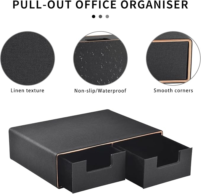 Linen Leather Desk Organizer and monitor stand with Drawers－Mini Desktop Drawer Organizer Stackable－Tabletop Organization Storage Box for Office Supplies Home Vanity Toiletries (Black, 2-drawers) - Image 5