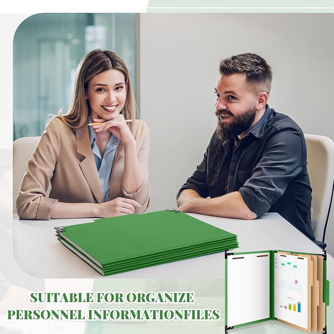 Henoyso 15 Pcs Hanging Pressboard Classification Folders with 4 Hangers, 3 Divider/ 8 Section, Letter Size, 8 Fasteners, 4 Inch Expansions, 1/3-cut Tab File Folder for Office School Medical(Green) - Image 5