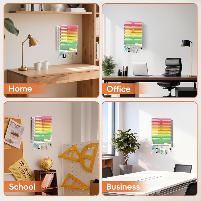8-Tier Wall File Organizer with Hook, Hanging File Organizer White | Wall-mounted mail storage holds papers, folders, files, clipboards and magazines, assembly required for office or home use. - Image 6