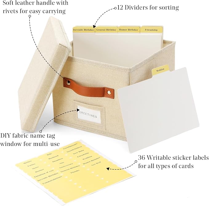 Greeting Card Organizer with dividers - Storage Box with lid Holds 150+ Cards - Assortment Box for Greeting Cards,Recipes, Photos, Envelopes, Keepsake - 9 x 9 x 7 Inches (Beige, 2 pcs) - Image 4
