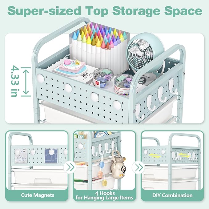 5 Drawer Rolling Storage Cart with Pegboard Top and Hooks, Green | Mobile Utility Organizer with Wheels for Office Supplies, Craft Storage, Classroom Organization, Home Storage Cart - Image 4