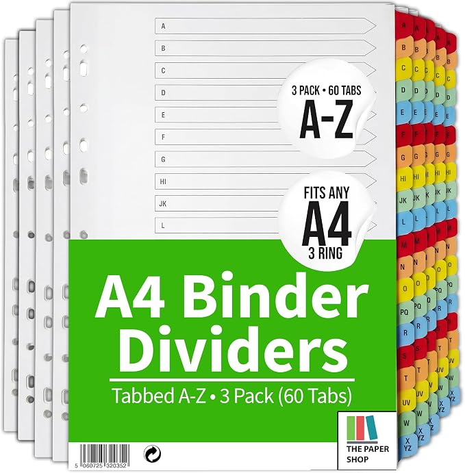The Paper Shop A-Z Dividers for 3 Ring Binder - A4 (3 Pack) | Alphabet Binder Dividers with Tabs for Office School & Home | A-Z Alphabetical Index Tabs 150gsm | Colour-Coded Set, 3-Pack by ThePaperShop