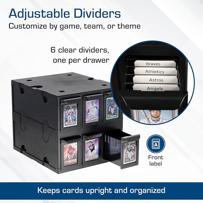 BCW 6 Drawer Card Catalog - Black | Stackable Trading Card Organizer Box | Holds Sports Cards, Gaming Cards, Toploaders & Magnetics | Heavy-Duty Black Plastic Storage with Dividers - Image 4