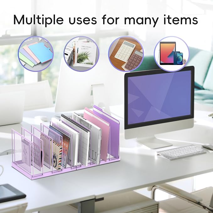 9-Section Desk File Organizer, Vertical File Holder, Mesh Desktop File Folder Metal File Organizer Stand for Office Home Classroom, Purple - Image 3