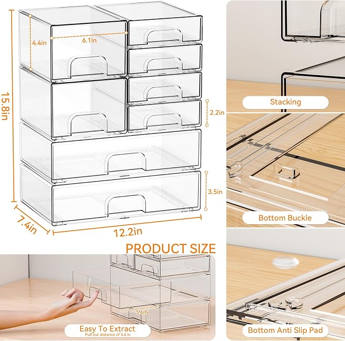 8 Pack Clear Stackable Storage Drawers,Acrylic Drawer Organizer for Medicine,Palettes,Hair Accessories and Makeup Organizer,Plastic Drawers for Cabinet,Office,Desk,Bathroom Storage Containers - Image 3