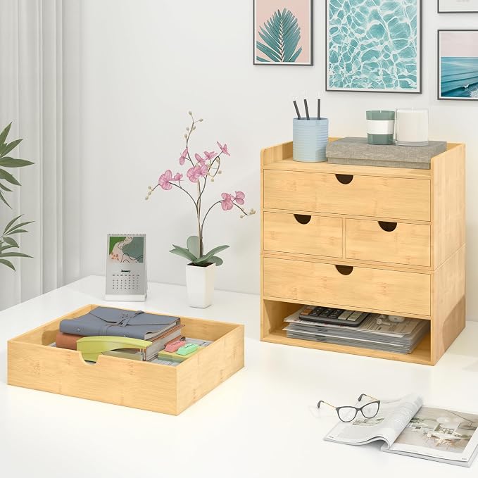 Bamboo Desk Drawer Organizer, Large Desktop Organizer with Drawers Tabletop Storage Organization Box for Office Home Toiletries Supplies Vanity, No Assembly Required (3 Drawer with Shelf) - Image 7