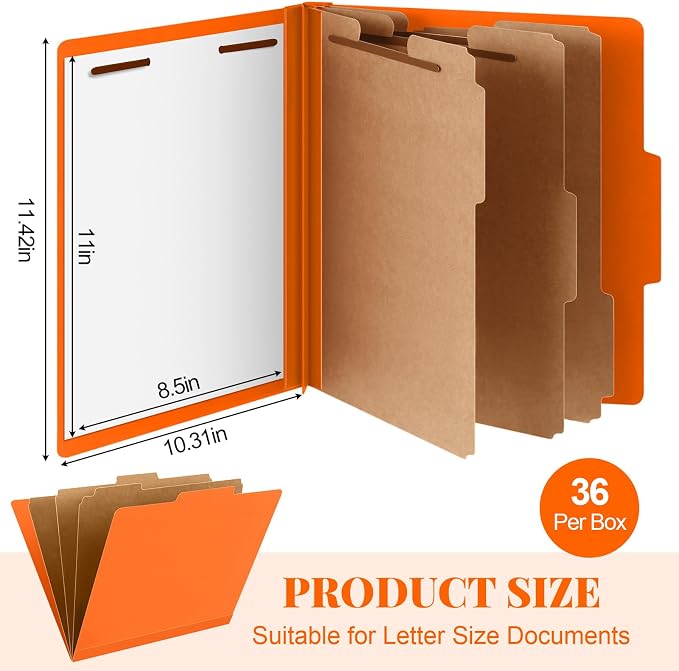 Skyygemm 36 Pcs Classification Folder Letter Size, 3 Divider File,Orange | Back to School Supplies, Pressboard File with Fastener, Expanding Organizer Bulk for School Teacher, Office Employee, Staff - Image 2