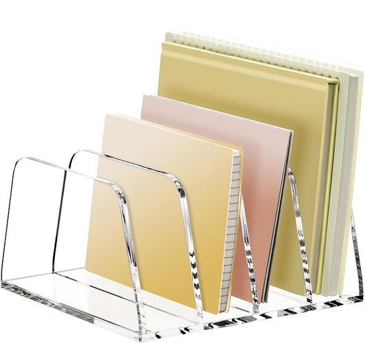 YUXUN Acrylic File Sorter,6.9"x6.6"x3.74",4 Sections Vertical Desk Organizer,Clear Mail Organizer File Holder Stand Rack Desk Accessories for Mail,Envelope,Letter,Notebook for Home/Office/Classroom by AcrylicBusinessCardHold