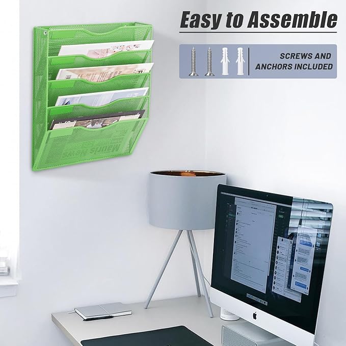 5 Pocket Mesh Hanging Wall File Organizer, Wall Mounted Mail Paper Document Folder Holder, Clipboard Storage Organization Magazine Rack with Nametag Label for Office Home School, Green - Image 5