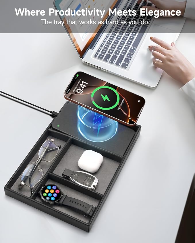 Valet Tray, Built in Wireless Charging Pad, Nightstand Organizer, Two-Toned Premium Vegan Leather Desk Bedside Caddy Organizer Tray for Keys, Watch, Wallet, Jewelry (Black+Gray) - Image 3