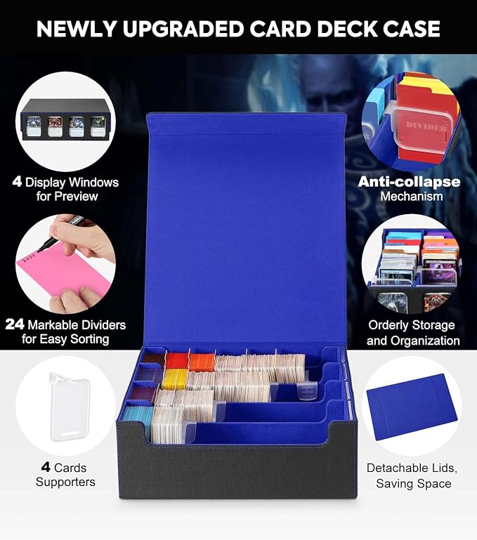 MoKo Card Storage Box for Trading Cards, 3000+ Card Capacity, Black Blue | MTG Deck Box, w/ 24 Colorful Dividers & 4 Card Supporters & Display Window, Deck Case Fits for TCG, PTG and Sport Cards - Image 2