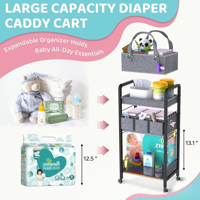2IN1 Baby Diaper Caddy Organizer-3 Tier Rolling Storage Cart with Dividers - Bedside Diaper Caddy Cart for Baby Nursery Newborn Essentials-Mobile Utility Carts with Wheels for Changing Table - Image 3