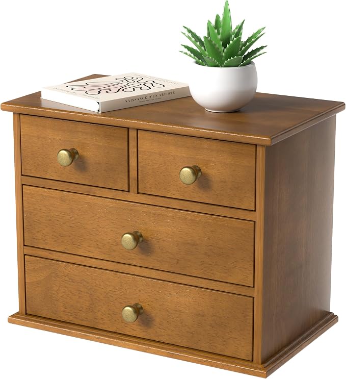 Oak Desk Organizer with Drawers, Durable Wooden Desktop Storage Box | 4 Drawer Tabletop Organizer with Metal Handles & Non-Slip Pads for Office, Bedroom, Bathroom, Vanity & Makeup Storage, Walnut by JNFUZ