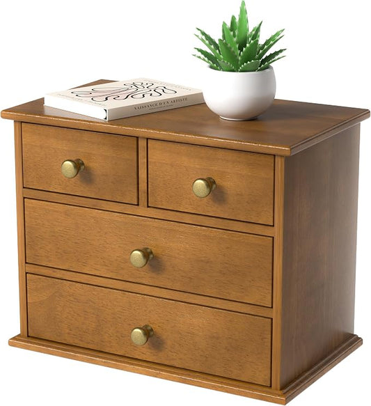 Oak Desk Organizer with Drawers, Durable Wooden Desktop Storage Box | 4 Drawer Tabletop Organizer with Metal Handles & Non-Slip Pads for Office, Bedroom, Bathroom, Vanity & Makeup Storage, Walnut by JNFUZ
