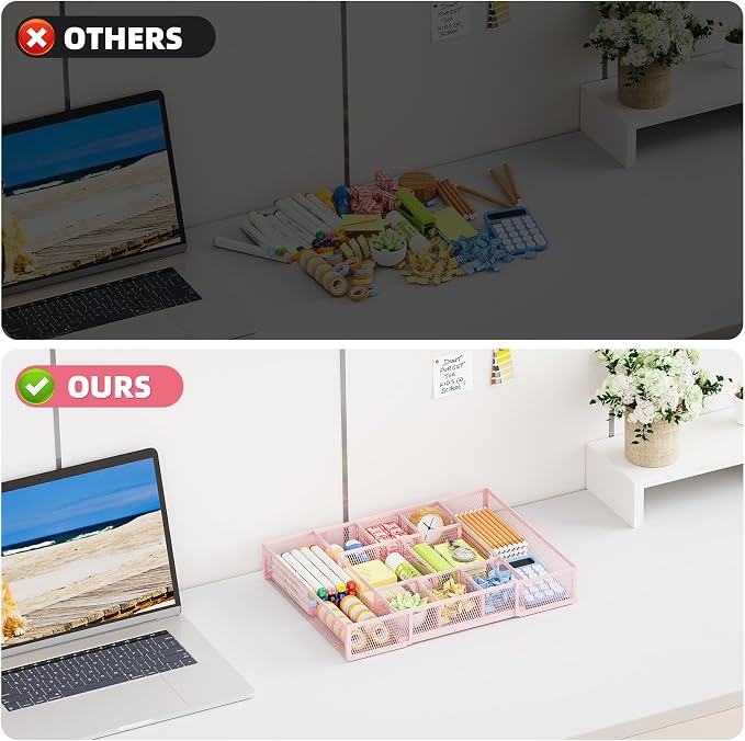 Marbrasse Expandable Desk Drawer Organizer, Mesh Tray with 10 Adjustable Compartments, Desk Organizers for Office Supplies, Makeup & Vanity (Expandable-Pink) - Image 8