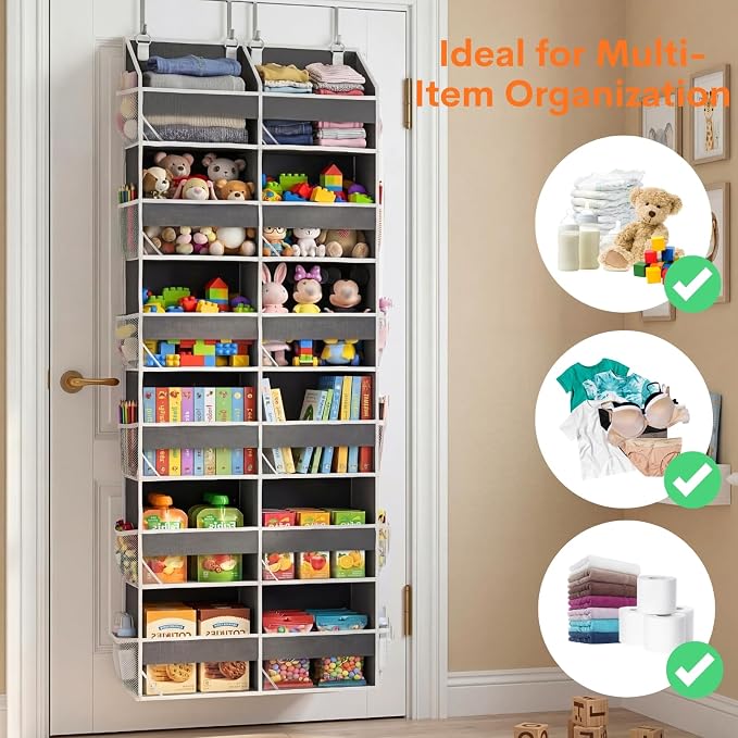 Over the Door Organizer 6 Tiers, Extra Large Behind Door Storage of 12 Compartments, 80 lbs Weight Capacity Hanging Storage Organizer with Clear Window Kids Toys, Shoes, Diapers, Room storage - Image 5