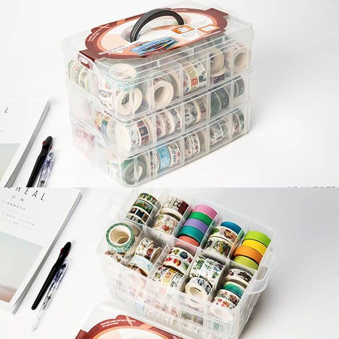 HomDSim Washi Tape Box Organizer Storage,Divider Closet Container,with 30 Adjustable Compartments,Clear,Masking Tape Desktop Tape DIY Sticker Roll Tape Cutter Holder Storage,Finger Safty Dispenser - Image 3