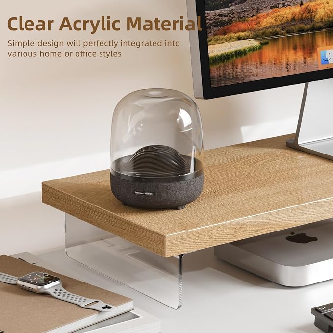 Dual Monitor Stand Riser, 40x10 in Wood & Acrylic Desktop Organizer Shelf | Computer Monitor Stand Riser With Wood & Acrylic Design; Fits 2 Monitors, Laptop, Printer And Desk Supplies For Office Use. - Image 2