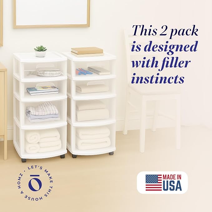 HOMZ Drawer Tower, 4-Tier Storage Cart with Removable Wheels, White, 2 Pack | Plastic Organizer with Clear Bin Drawers for Bedrooms, Bathrooms, Home Offices, and Dorm Rooms - Image 3