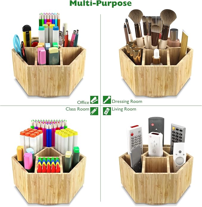 Bamboo Art Supply Organizer,Rotating Pencil Holder Back to School Supplies | Hold 350+ Pencils, for Pen, Colored Pencil, Art Brushes, Desktop Storage Caddy for Classroom & Art Studio - Image 4