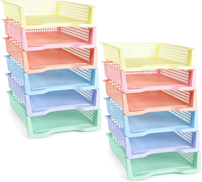 Set of 12 Pastel Turn in Trays for Teachers Stackable Classroom Paper Letter Trays Plastic Classroom Desk Letter Organizer Tray Storage Baskets for Library, Drawers, Office, Home by CHUNNIN