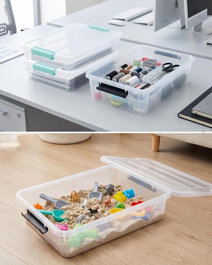 EOENVIVS 4 Pack Clear Storage Bins with Lids, A4 File Boxes, Green Latches | Craft storage bins sensory bins A4 paper US Letter paper classroom art supplies project organization - Image 4