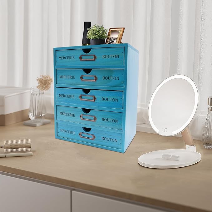 5 Drawer Wooden Desk Organizer, Wooden Storage Box Desktop Storage, Countertop Drawers Library Card Catalog Cabinet Apothecary Cabinet, Vintage Wood Home Office Desk Organizer (Blue) - Image 5