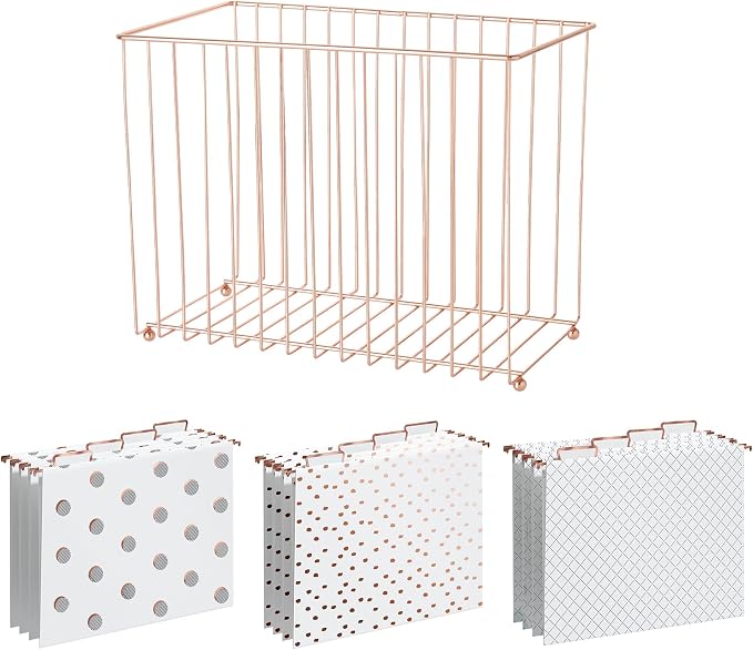 Y YOMA 1 Pack Rose Gold Desktop Hanging File Organizer | 12 Pack Rose Gold Hanging File Folders with Tabs & Insert | Letter Size Metal File Kit for Desk Home Office, I Shaped by YYOMA