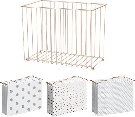 Y YOMA 1 Pack Rose Gold Desktop Hanging File Organizer | 12 Pack Rose Gold Hanging File Folders with Tabs & Insert | Letter Size Metal File Kit for Desk Home Office, I Shaped by YYOMA