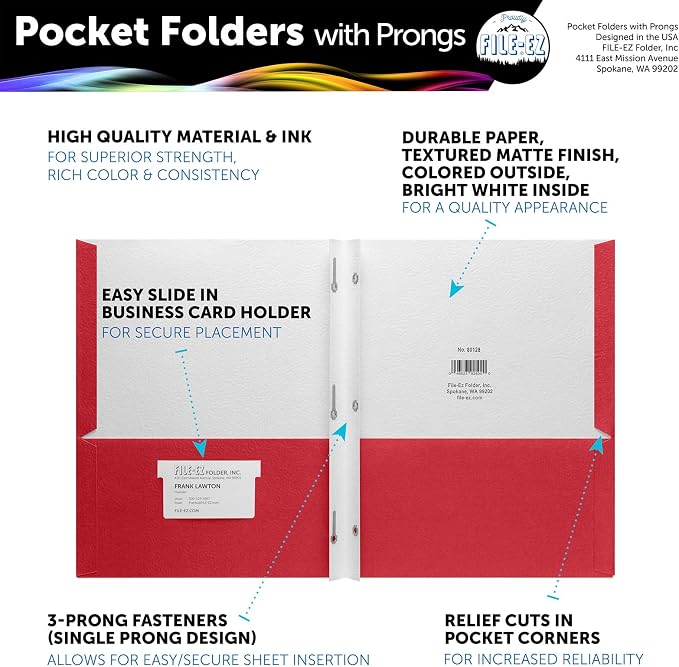 FILE-EZ Two-Pocket Folders with 3-Prong Fasteners, Red Color, 25-Pack, Durable Textured Paper, Matte Finish, Letter Sheet Size (EZ-92558) - Image 2