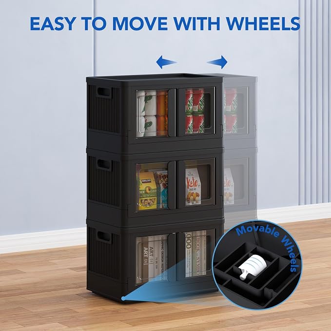 FLEXIMOUNTS 75 QT Stackable Plastic Storage Bins With Lids, Black | Collapsible Foldable Storage Bins with Front Doors and Built-in Wheels, Organizers and Storage for Home, Dorm, 2 Pack Cubes - Image 7