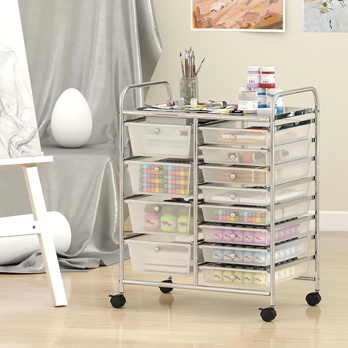 Giantex 12 Drawer Rolling Cart with Drawers, Storage Organizer Cart for Classroom Office School Teacher, Mobile Drawer Cart for Tools, Crafts, Small Printer, Clear - Image 2