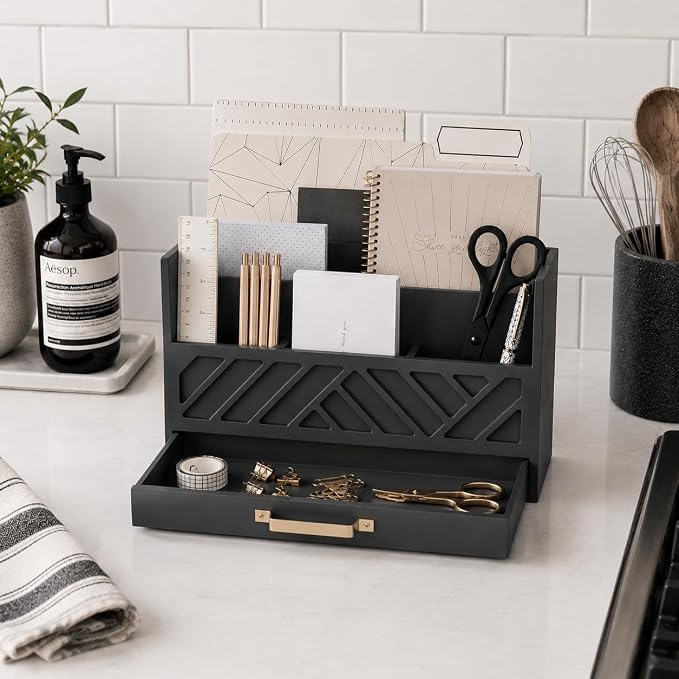 BLU MONACO | Wooden Mail Organizer with Drawer Gold Handle | Mail Sorter Organizer Countertop and Outgoing Mail Holder | Tabletop Organizer with Drawers Grey Desk Storage - Image 6