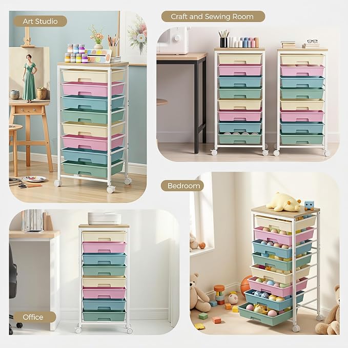 Rolling Cart with 8 Drawers, Plastic Drawer Storage Carts with Wheels & Wooden Tabletop, Metal Utility Cart Organizer for Bedroom Living Room Office Classroom Craft Organization and Storage, Colorful - Image 6