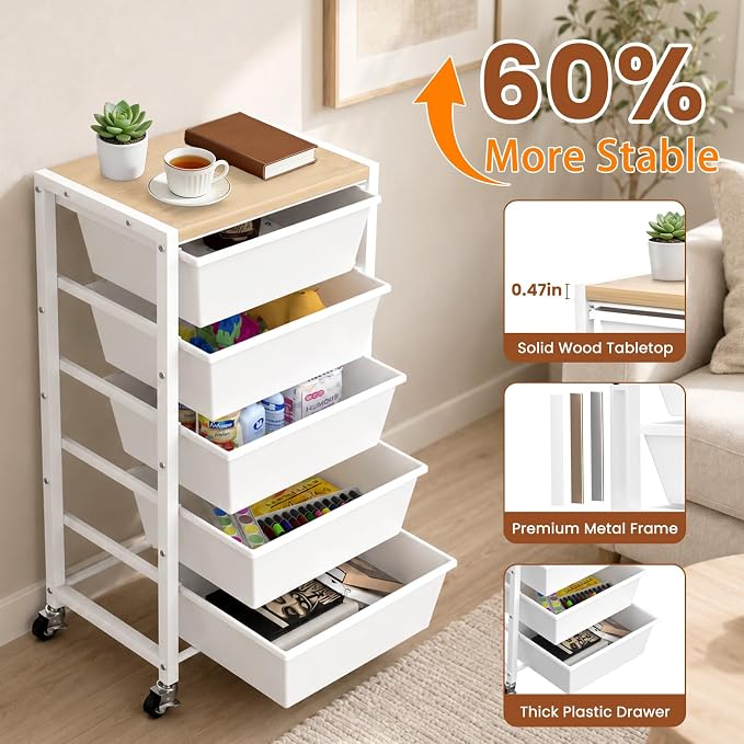 Rolling Cart with 5 Drawers, Plastic Drawer Storage Carts with Wheels & Wooden Tabletop, Metal Utility Cart for Office Bedroom Living Room Classroom, Craft Organization and Storage, White - Image 5