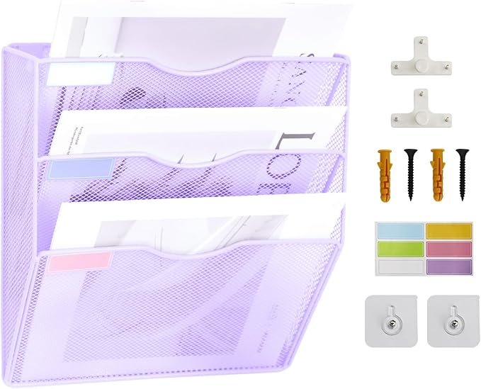 3 Pockets Mesh Wall File Holder Organizer Office Hanging File Folder Magazine Rack, Nametag Label Hooks Set Included (Purple) by ideallife
