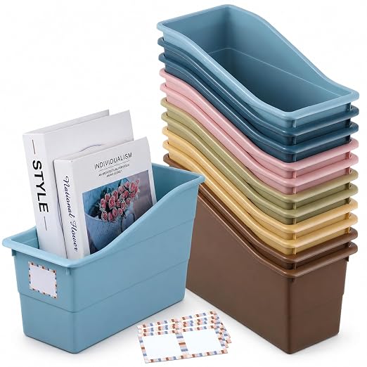 12 Pack Large Book Bins, Durable Magazine Organizer File Holder Plastic Book Storage Bins with Labels for Classroom Library Office, Desktop Organization, Bookshelf Categorization (Retro) by gisgfim
