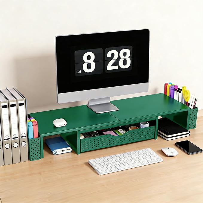 Spacrea Metal Desk Organizers and Accessories, Dual Monitor Stand Riser with Drawer and 2 Pen Holders, Desk Accessories & Workspace Desktop Organizers for Office Supplies (Dark Gree) - Image 2